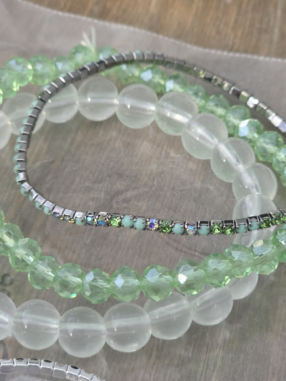 Green Crystal & Silver Stretch Bracelet Set